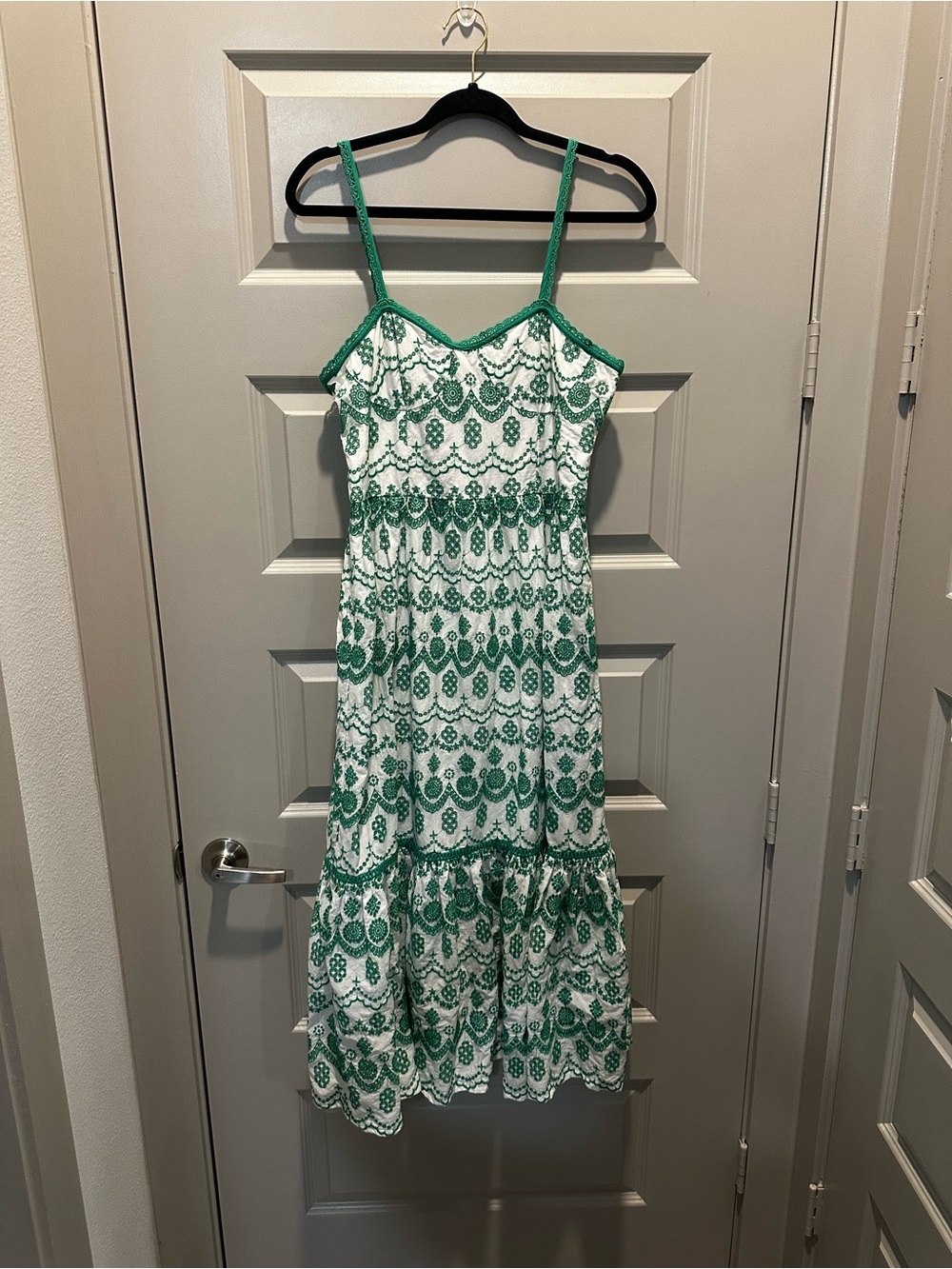 Green and White Embroidered Lace-Trim Sundress - Women's Dress